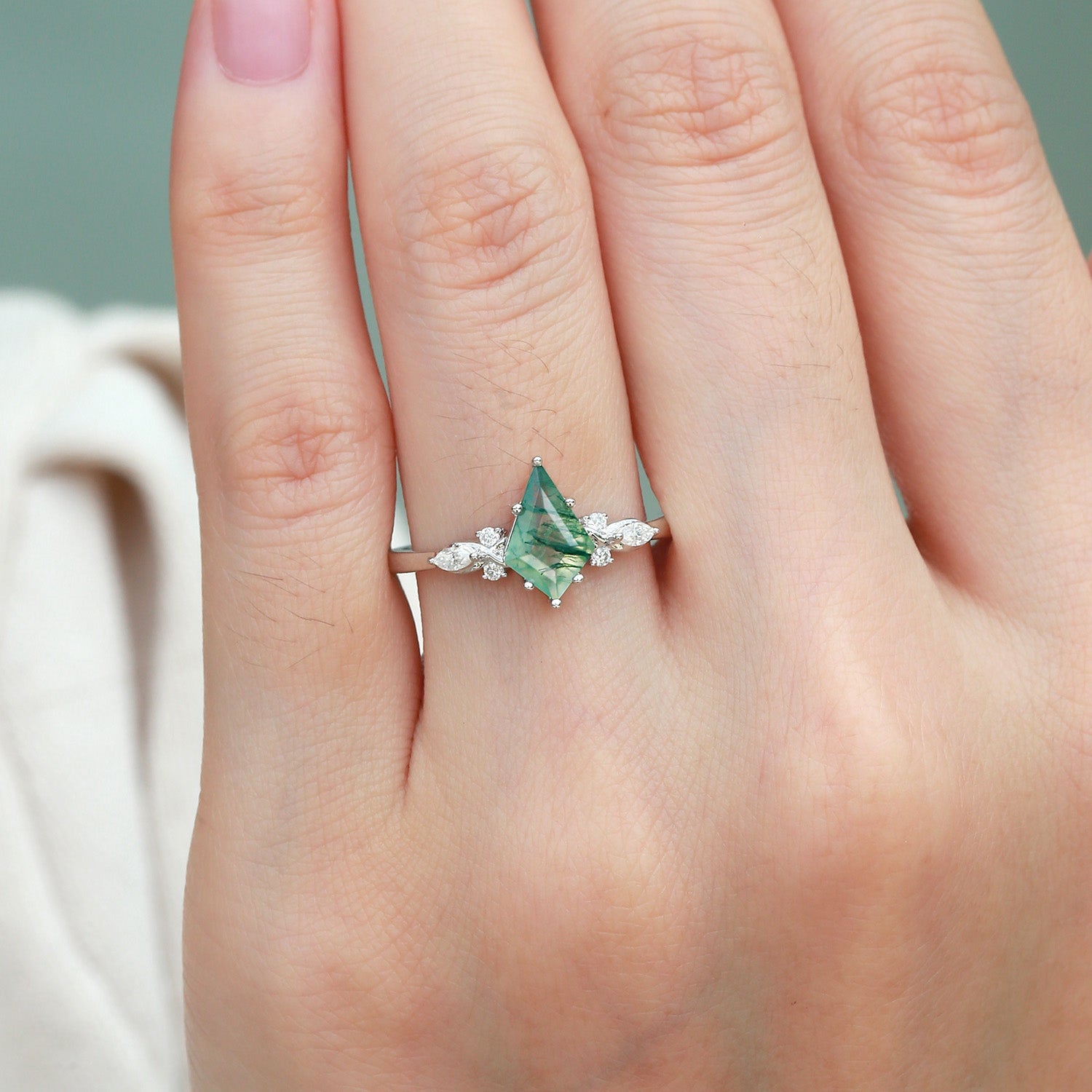 Unique Kite Cut Moss Agate Leafy Engagement Ring