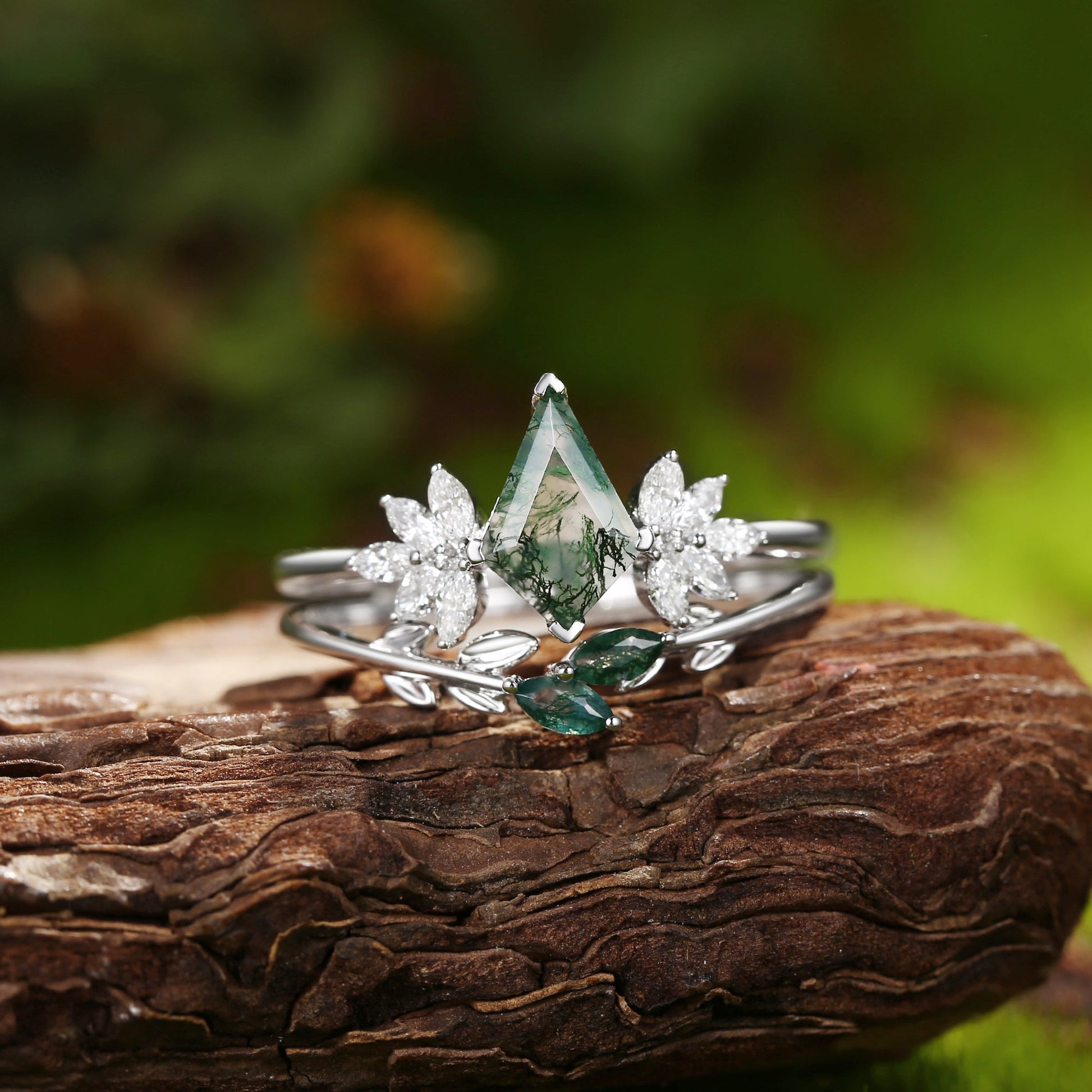 Amayah Fairy Ring Moss Agate Leafy Forest Elves Engagement Ring Set 2pcs