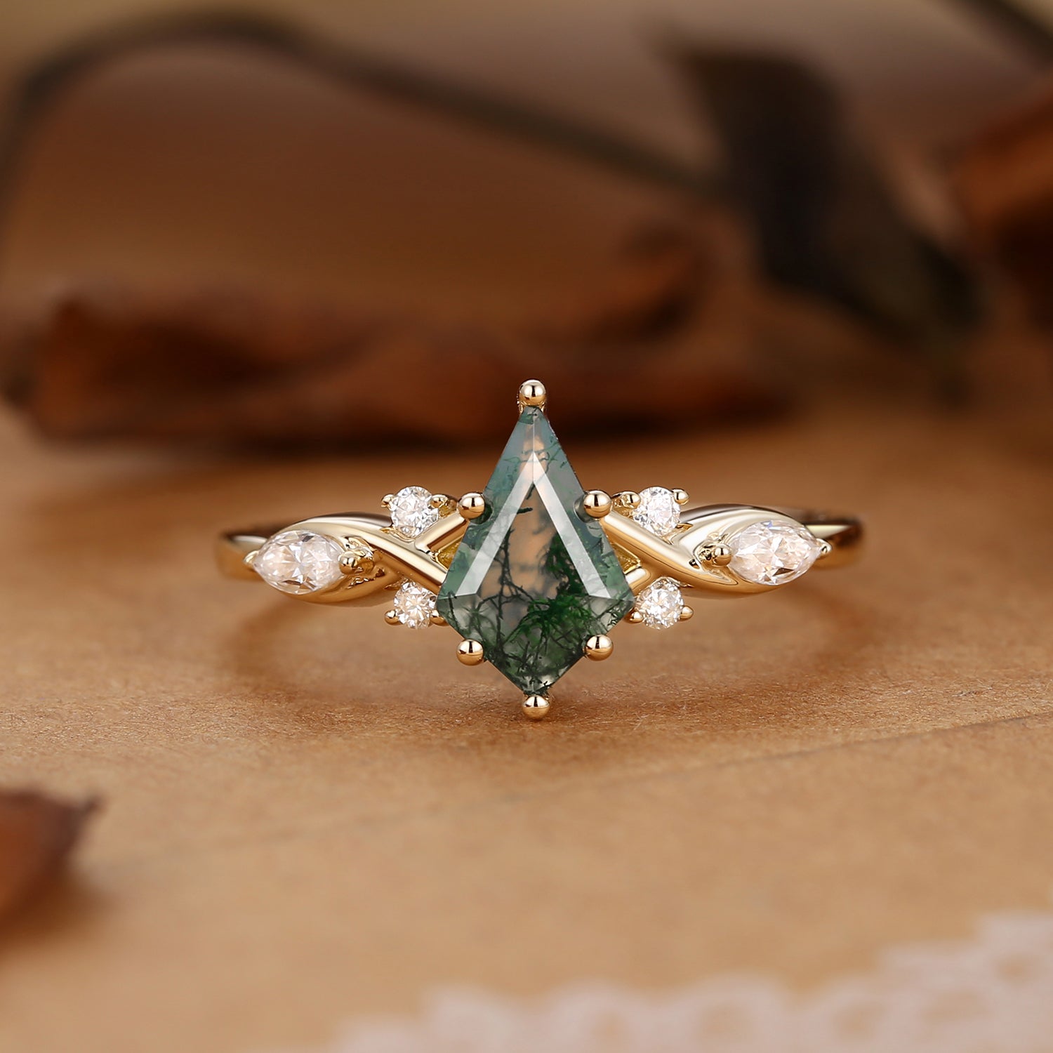 Unique Kite Cut Moss Agate Leafy Engagement Ring