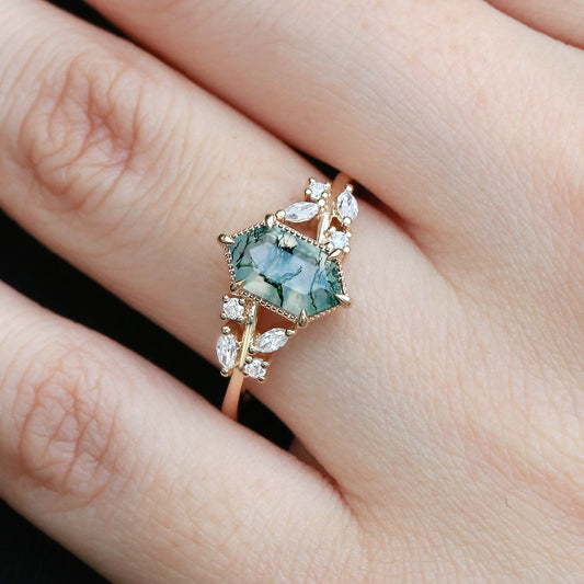 1.5ct Hexagon Moss Agate Leafy Moissanite Vintage Engagement Ring