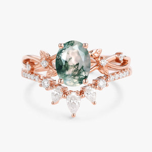 1.5ct Oval Cut Moss Agate Leafy White Gold Ring Set 2pcs - Wrenley