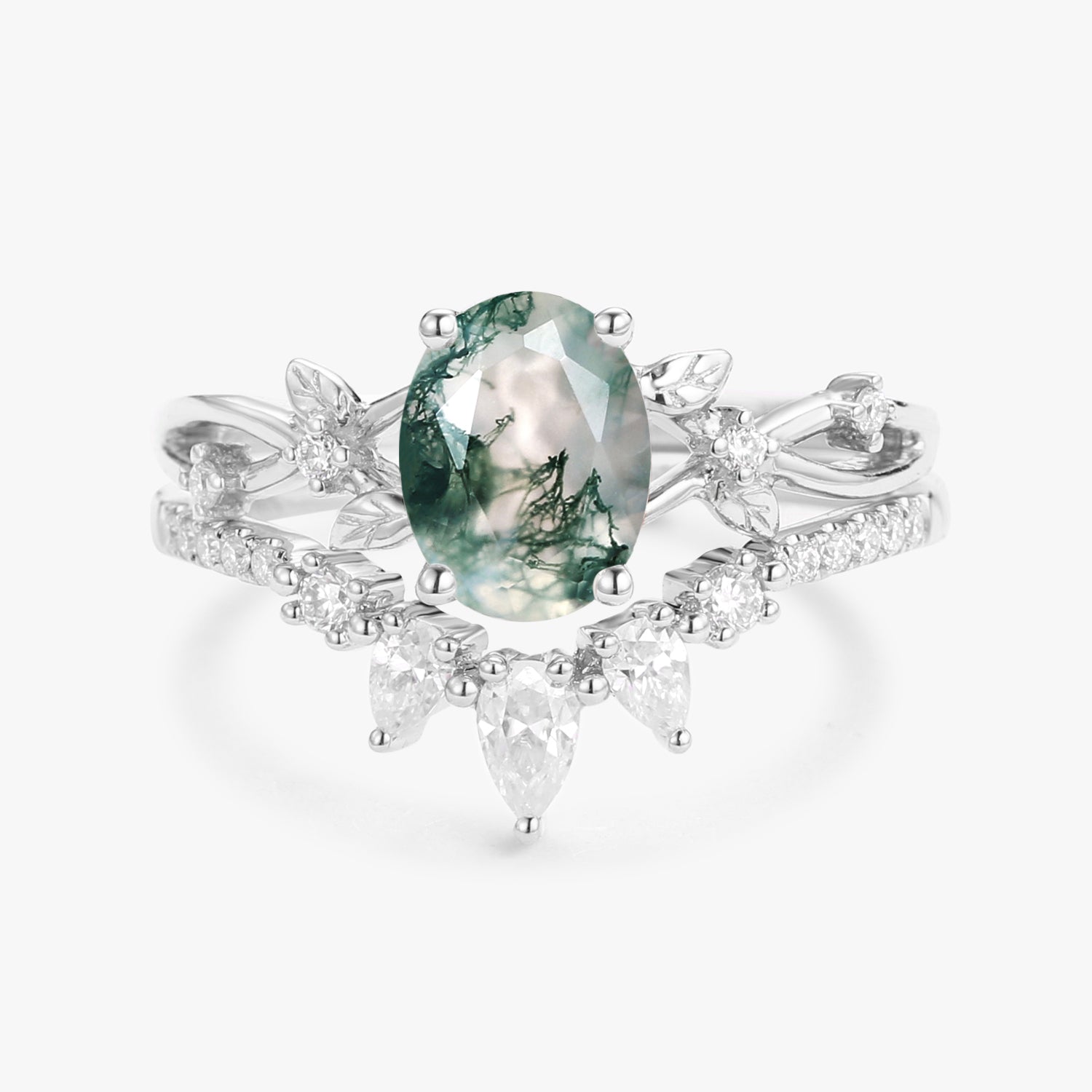 1.5ct Oval Cut Moss Agate Leafy White Gold Ring Set 2pcs - Wrenley