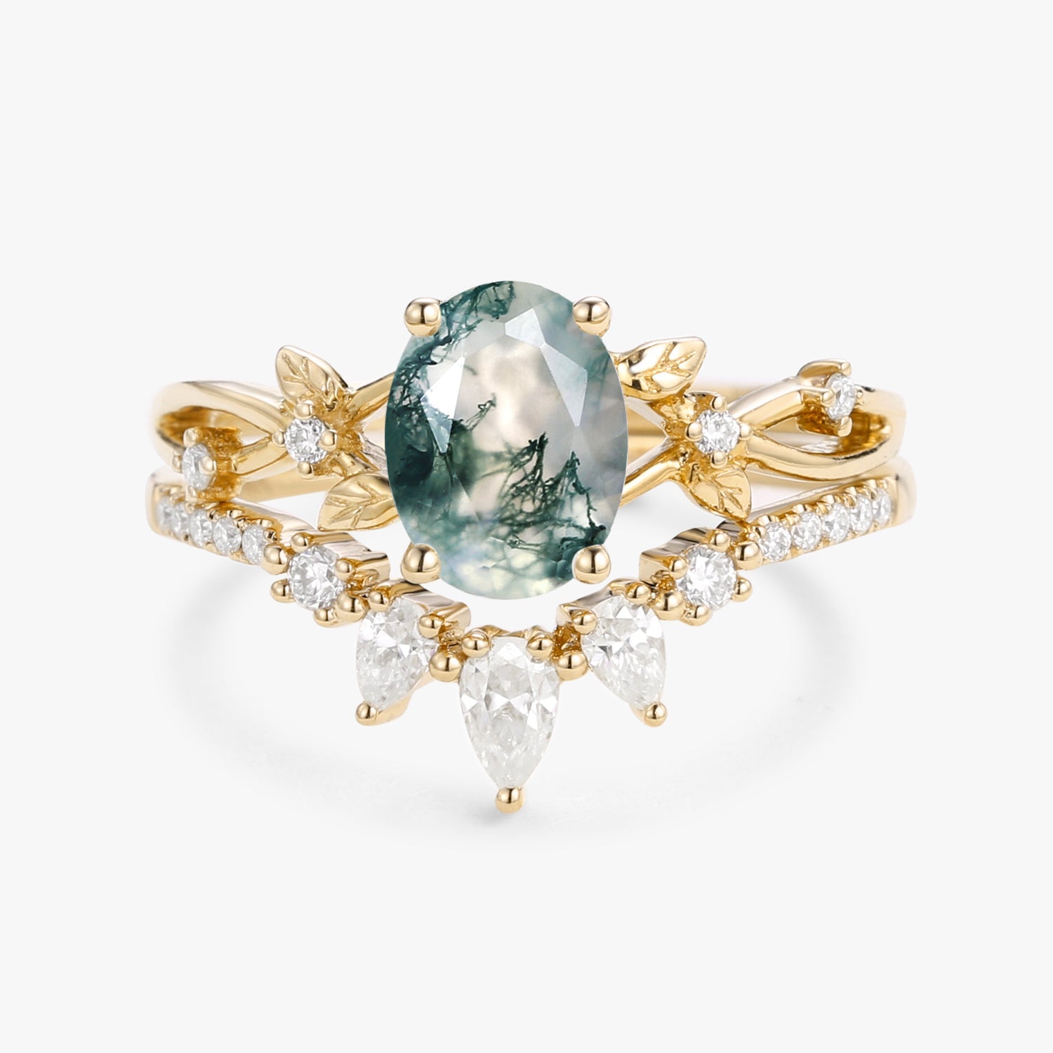 1.5ct Oval Cut Moss Agate Leafy White Gold Ring Set 2pcs - Wrenley