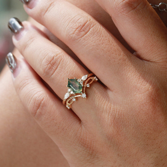 Black Gold Long Hexagon Moss Agate Leafy Ring Set 2pcs - Ona