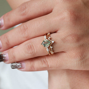 Elongated Hexagon Moss Agate Twig Engagement Ring Set 2pcs - Ona