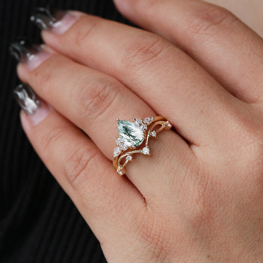 Branches Pear Moss Agate Leafy Ring Set 2pcs - Ona