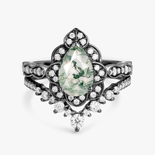 Art Deco Pear Cut Moss Agate Ring Set 2pcs