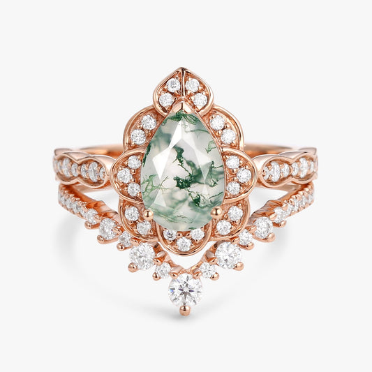 Art Deco Pear Cut Moss Agate Ring Set 2pcs