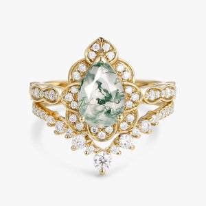 Art Deco Pear Cut Moss Agate Ring Set 2pcs