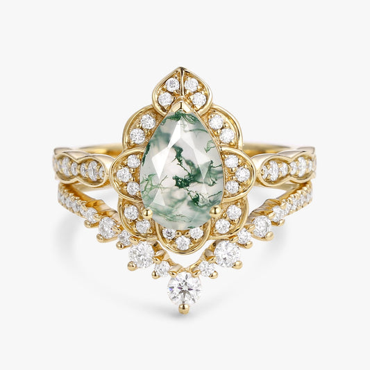 Art Deco Pear Cut Moss Agate Ring Set 2pcs