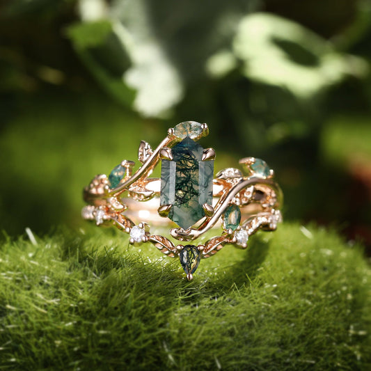 Daphne Moss Agate Hexagon Vine Emerald Engagement Ring Set 2pcs