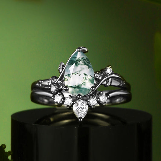 Unique Pear Shaped Moss Agate Leafy Bridal Ring Sets 2pcs - Willow