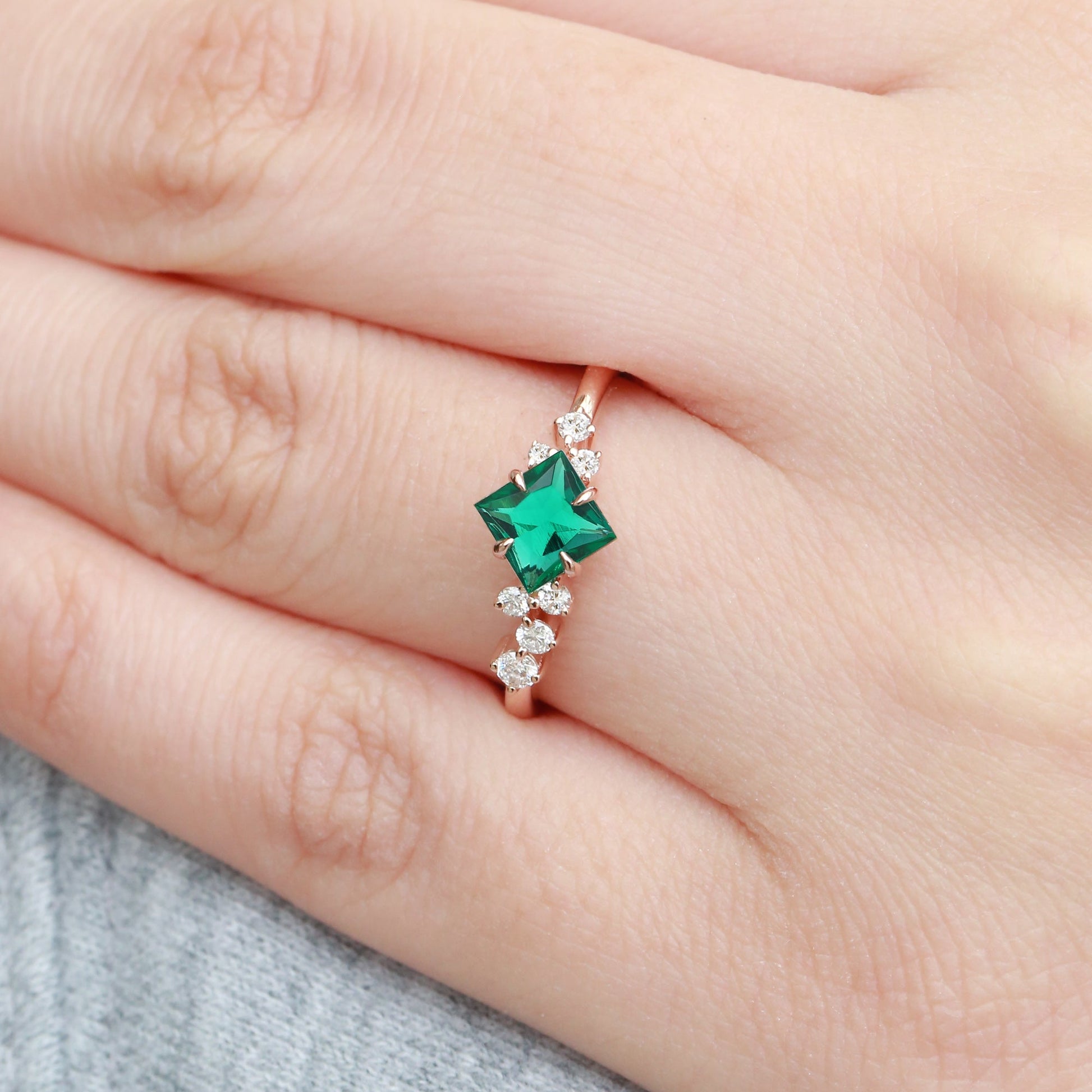 Princess Cut Moss Agate & Moissanite Rose Gold Ring