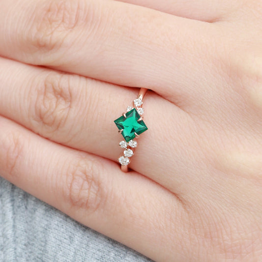 Princess Cut Moss Agate & Moissanite Rose Gold Ring