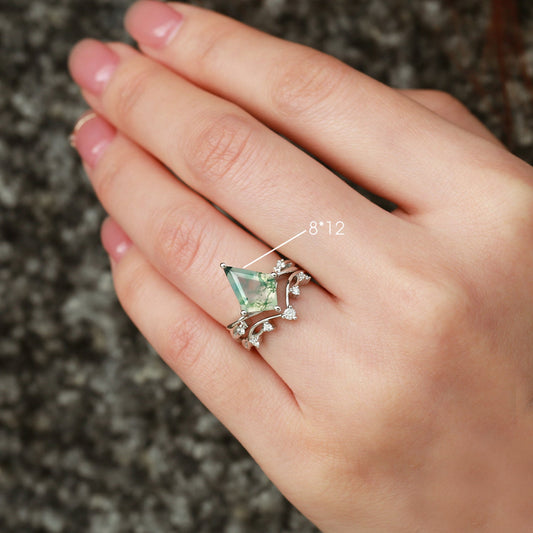Branch Kite Shape Natural Moss Agate Engagement Ring Sets 2pcs