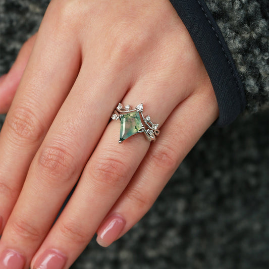 Branch Kite Shape Natural Moss Agate Engagement Ring Sets 2pcs