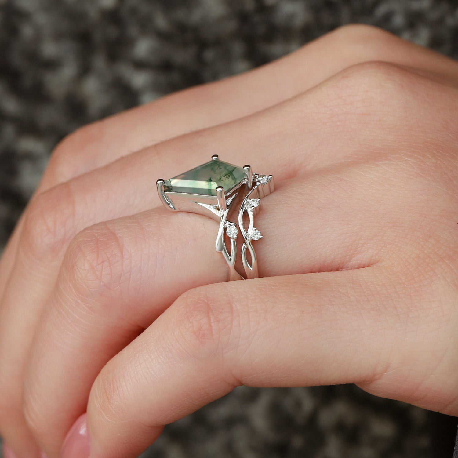 Branch Kite Shape Natural Moss Agate Engagement Ring Sets 2pcs