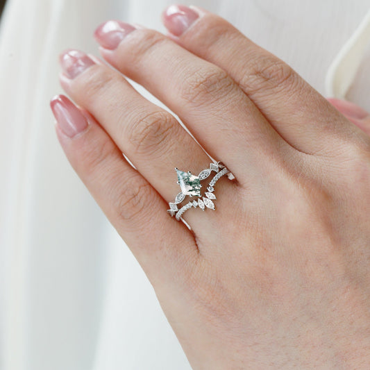 Unique Kite Moss Agate Engagement Ring Sets 2pcs