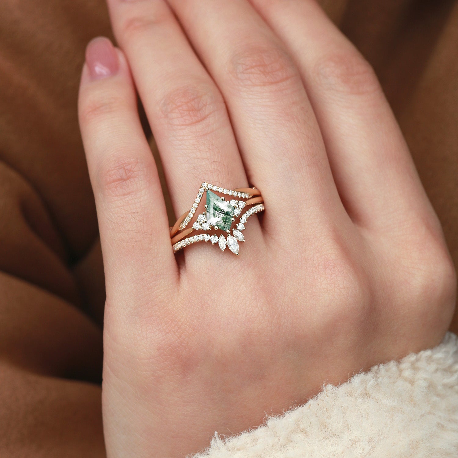 Green Moss Agate Kite Cut Infinity Curved Engagement Ring Set 3pcs