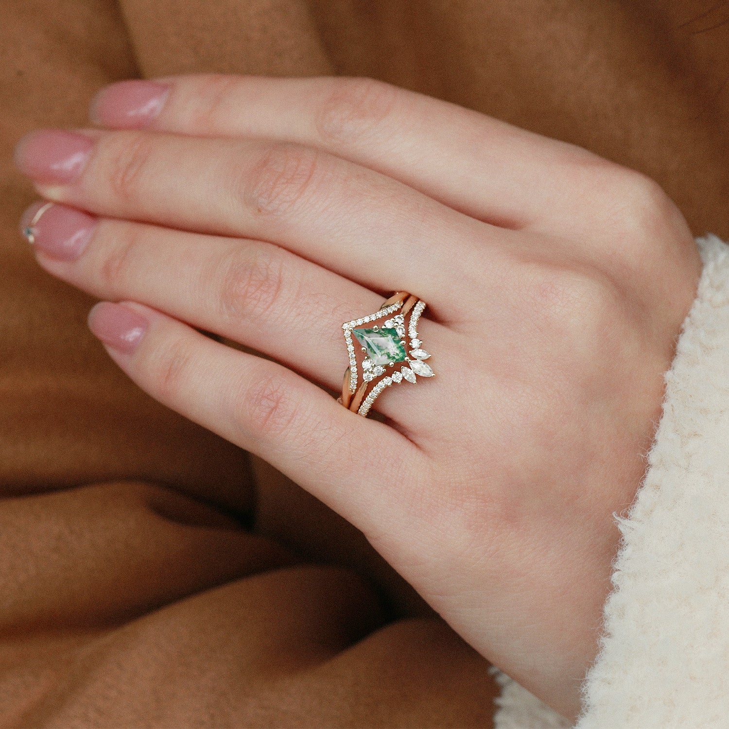 Green Moss Agate Kite Cut Infinity Curved Engagement Ring Set 3pcs