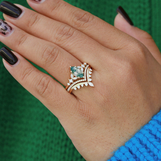 Black Gold Marquise Moss Agate Engagement Ring Set 3pcs