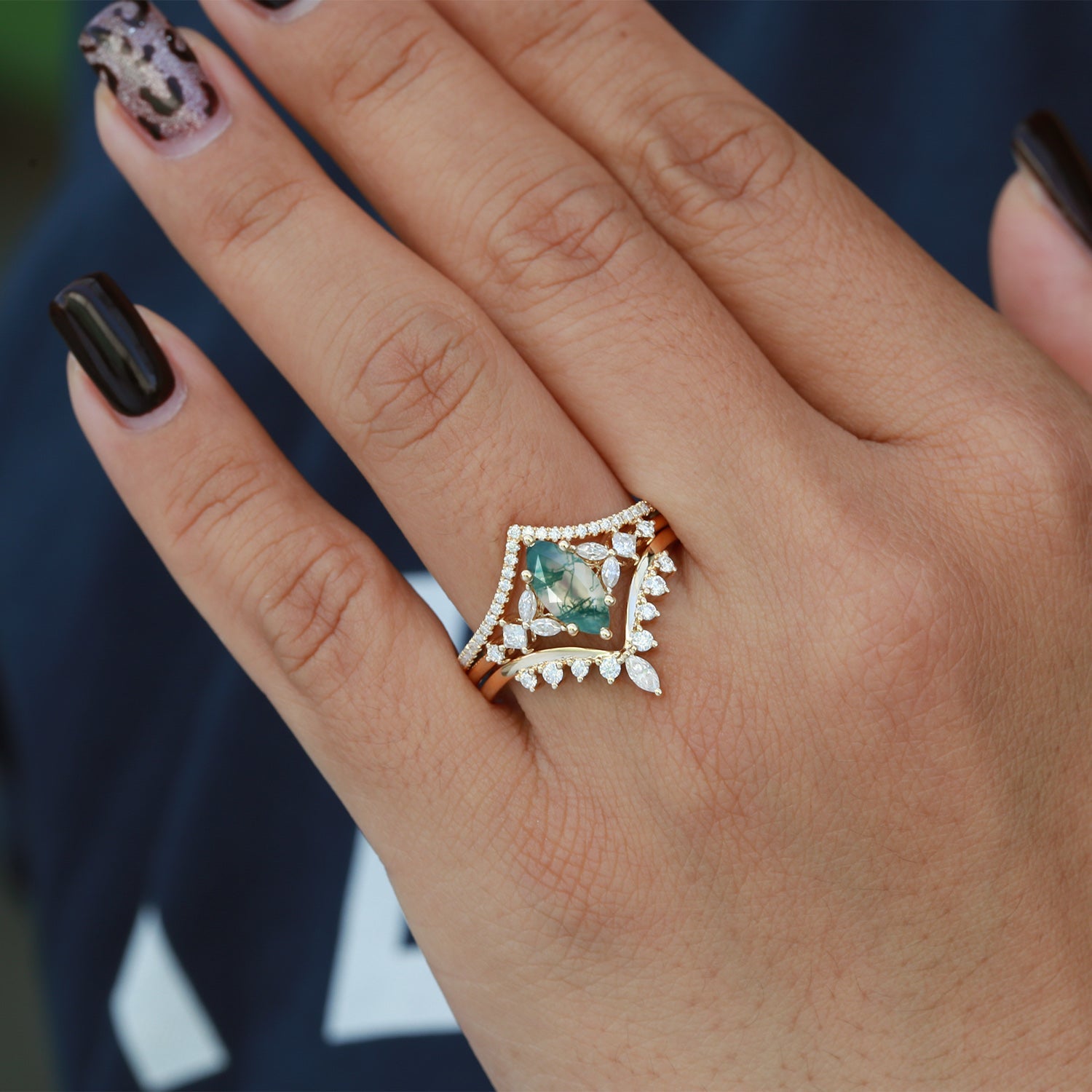 Black Gold Marquise Moss Agate Engagement Ring Set 3pcs