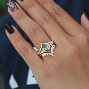 Black Gold Marquise Moss Agate Engagement Ring Set 3pcs