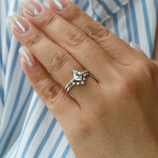 1.5ct Vintage Moss Agate Engagement Ring Set 2pcs