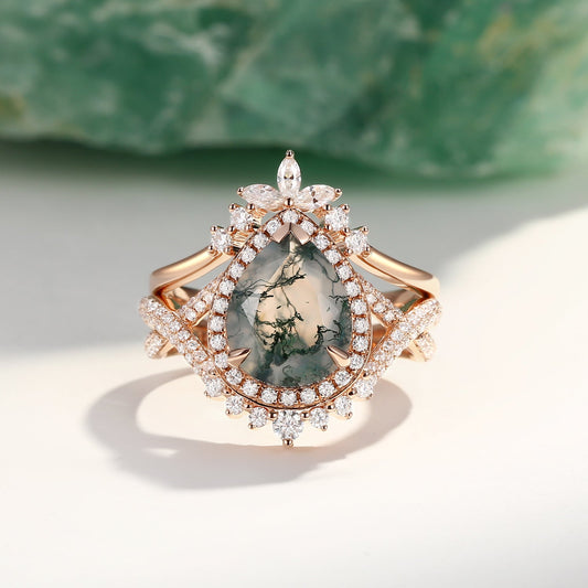 Pear Shaped Moss Agate Antique Halo Infinity Ring Sets 2pcs - Everlyn