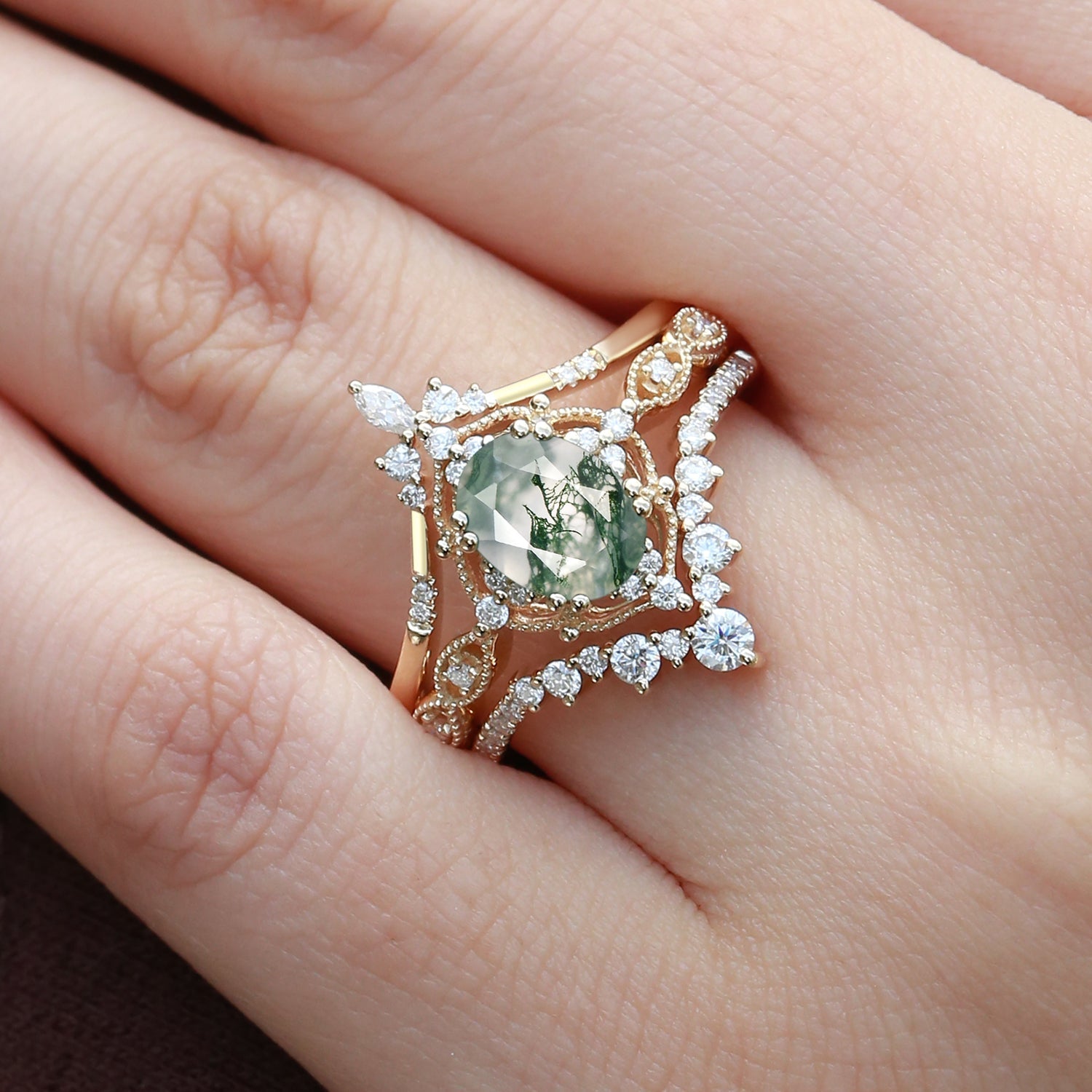 Oval Moss Agate Signature Vintage Ring Set 3pcs