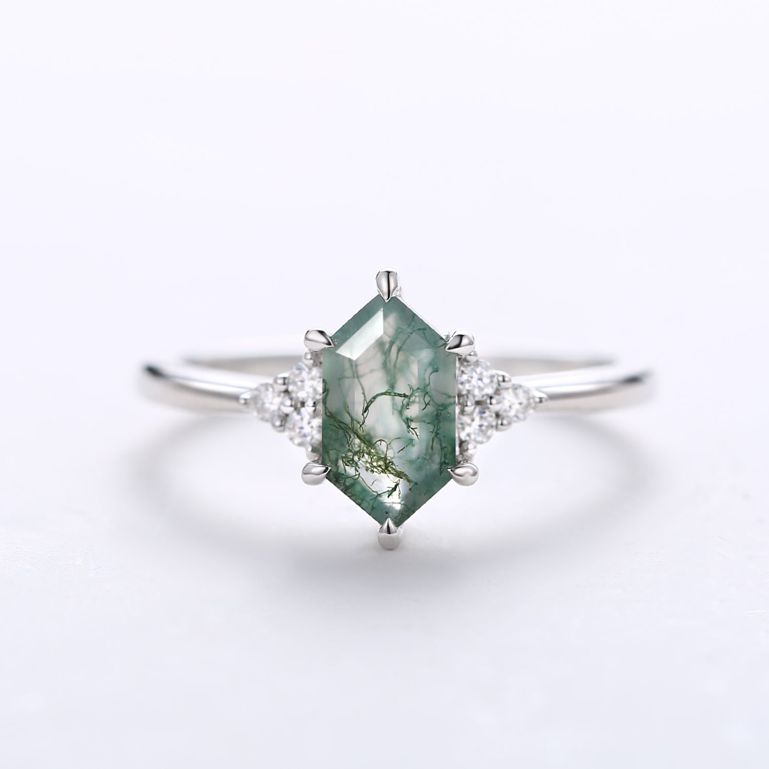 Vintage Hexagon Moss Agate 3 Stone Engagement Ring - Nova