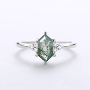 Vintage Hexagon Moss Agate 3 Stone Engagement Ring - Nova