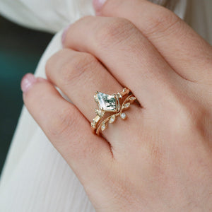 Kite Cut Moss Agate Natural Leafy Engagement Ring Sets 2pcs - Jade