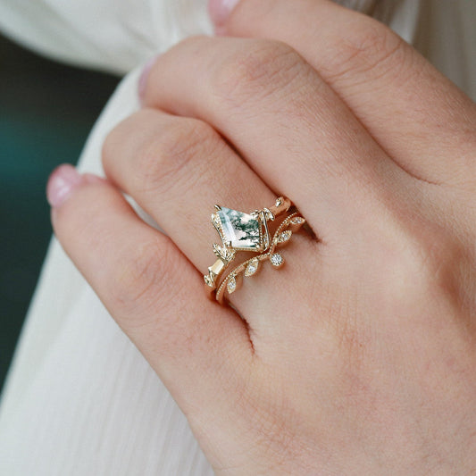 Kite Cut Moss Agate Natural Leafy Engagement Ring Sets 2pcs - Jade