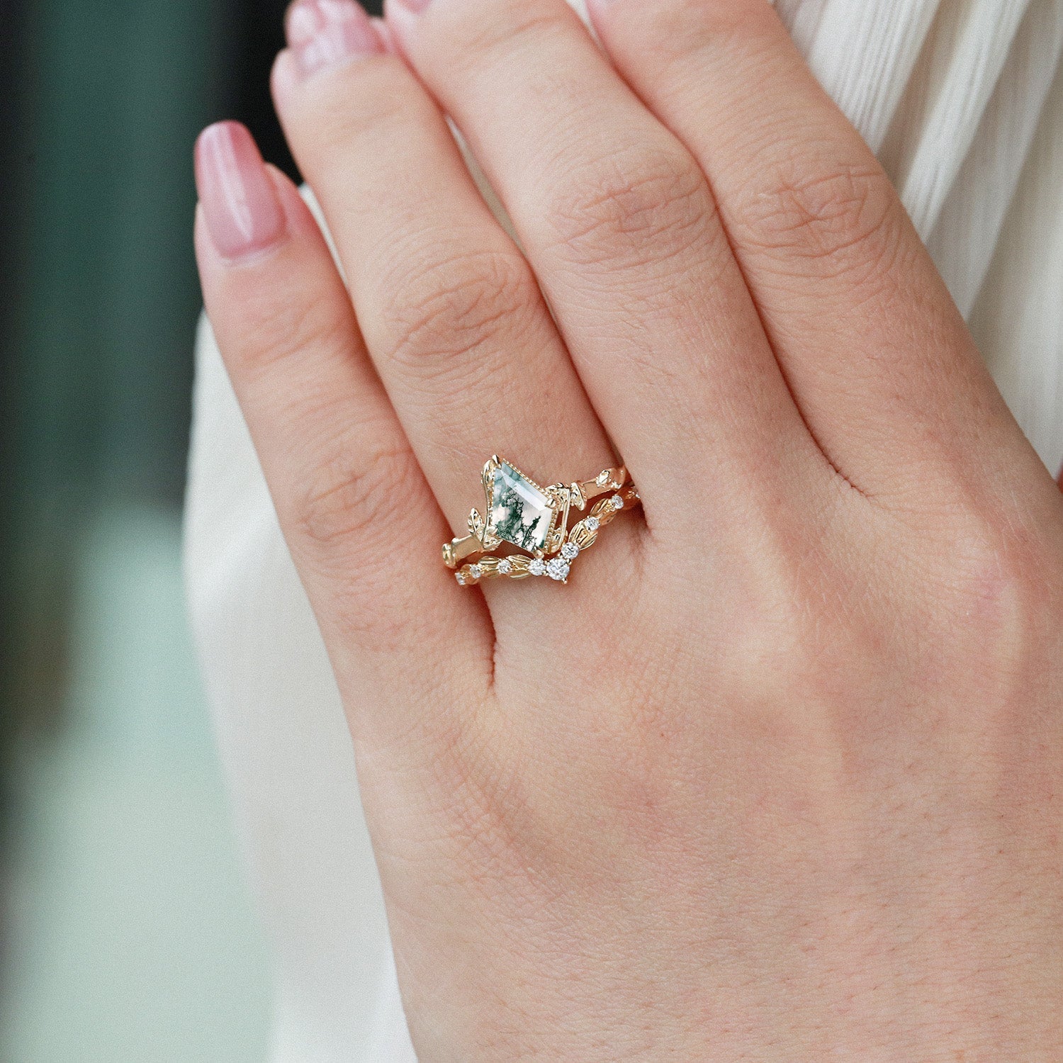 Moss Agate Leafy Engagement Ring Sets 2pcs