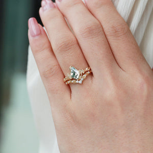 Moss Agate Leafy Engagement Ring Sets 2pcs