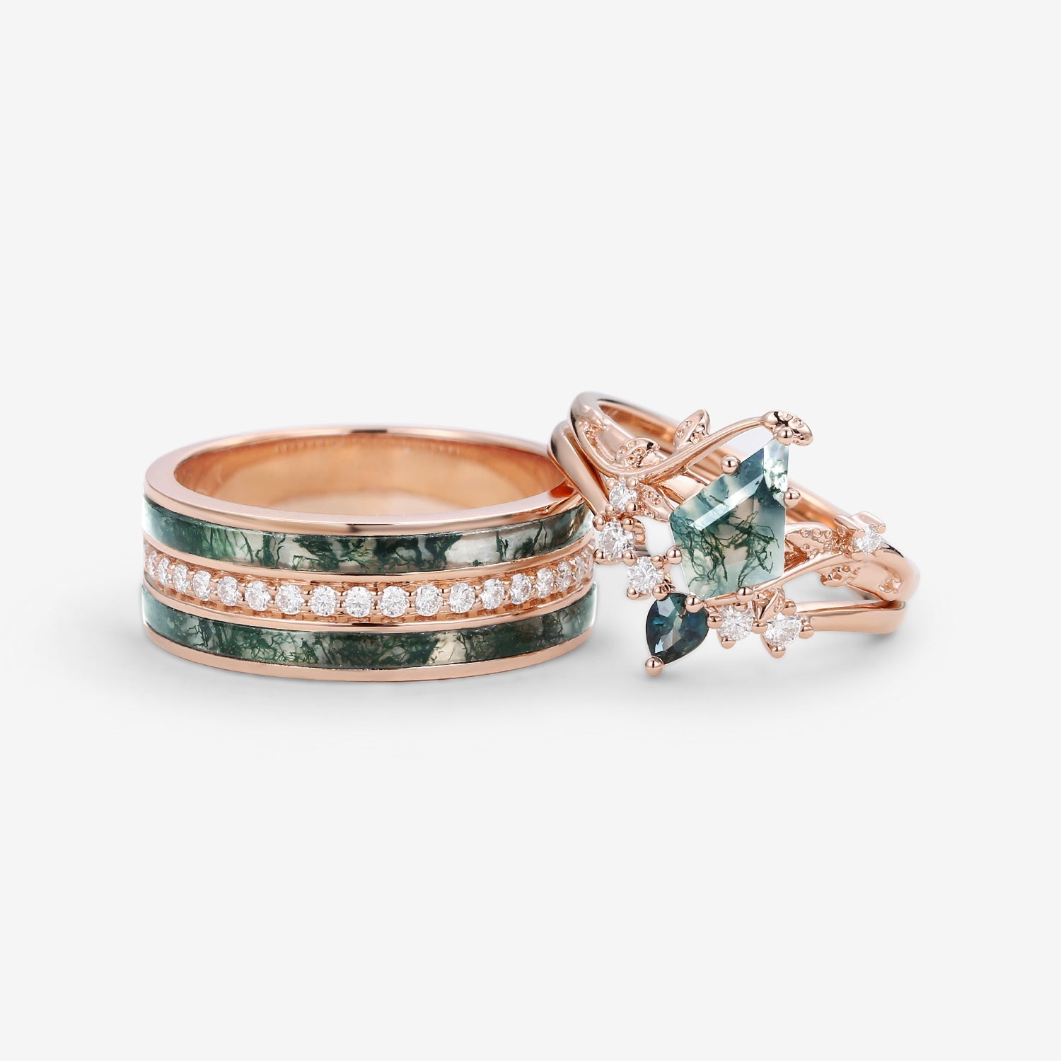 Nature Inspired - Moss Agate & Teal Sapphire Leafy Couple Ring Set 3pcs - Willow