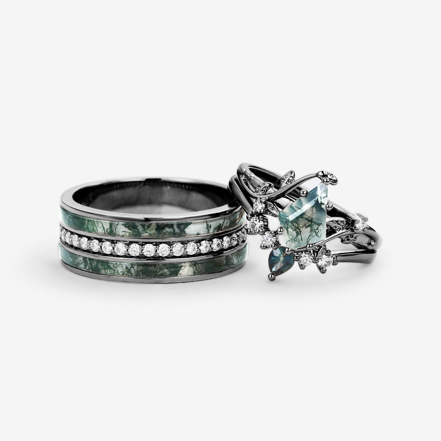 Nature Inspired - Moss Agate & Teal Sapphire Leafy Couple Ring Set 3pcs - Willow
