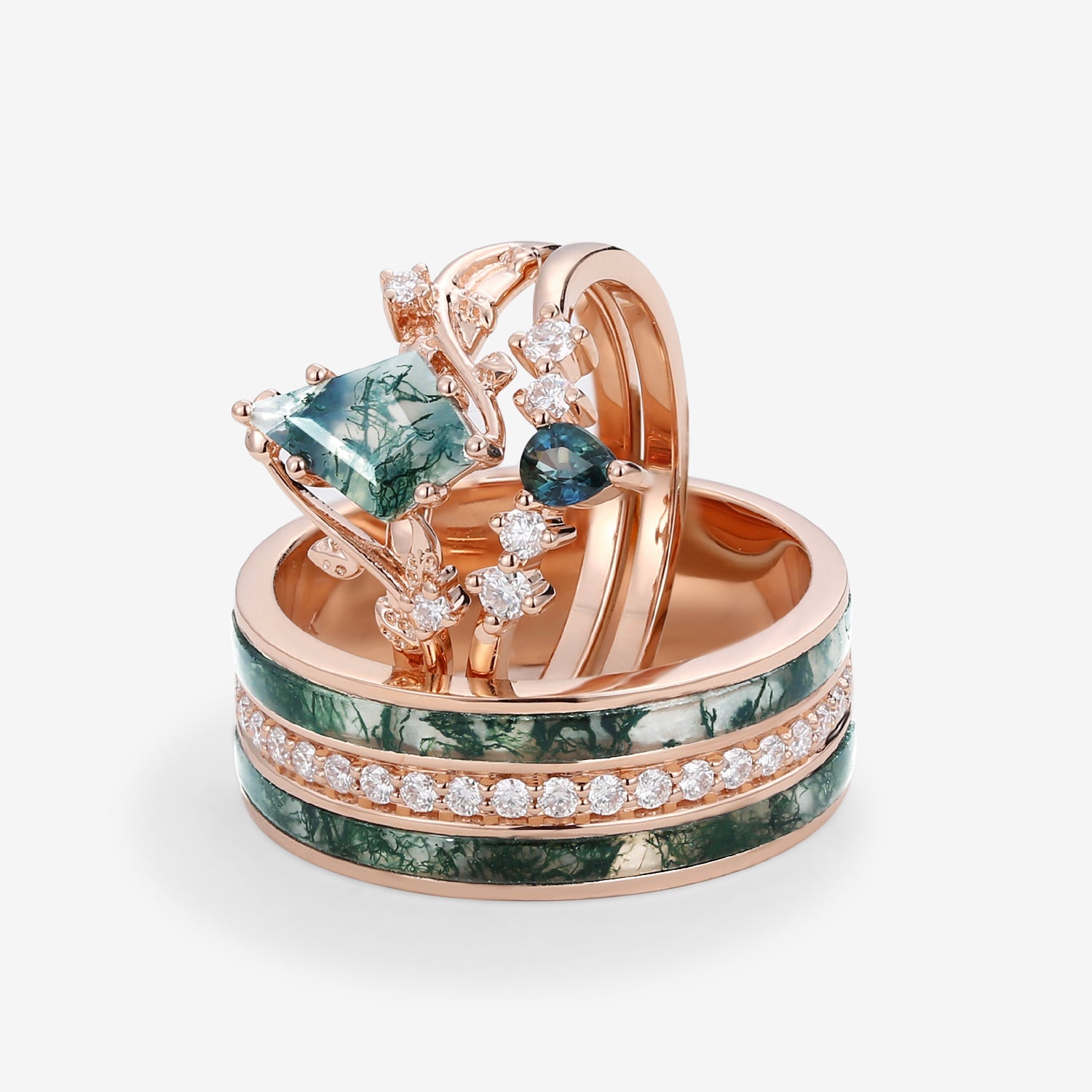 Nature Inspired - Moss Agate & Teal Sapphire Leafy Couple Ring Set 3pcs - Willow