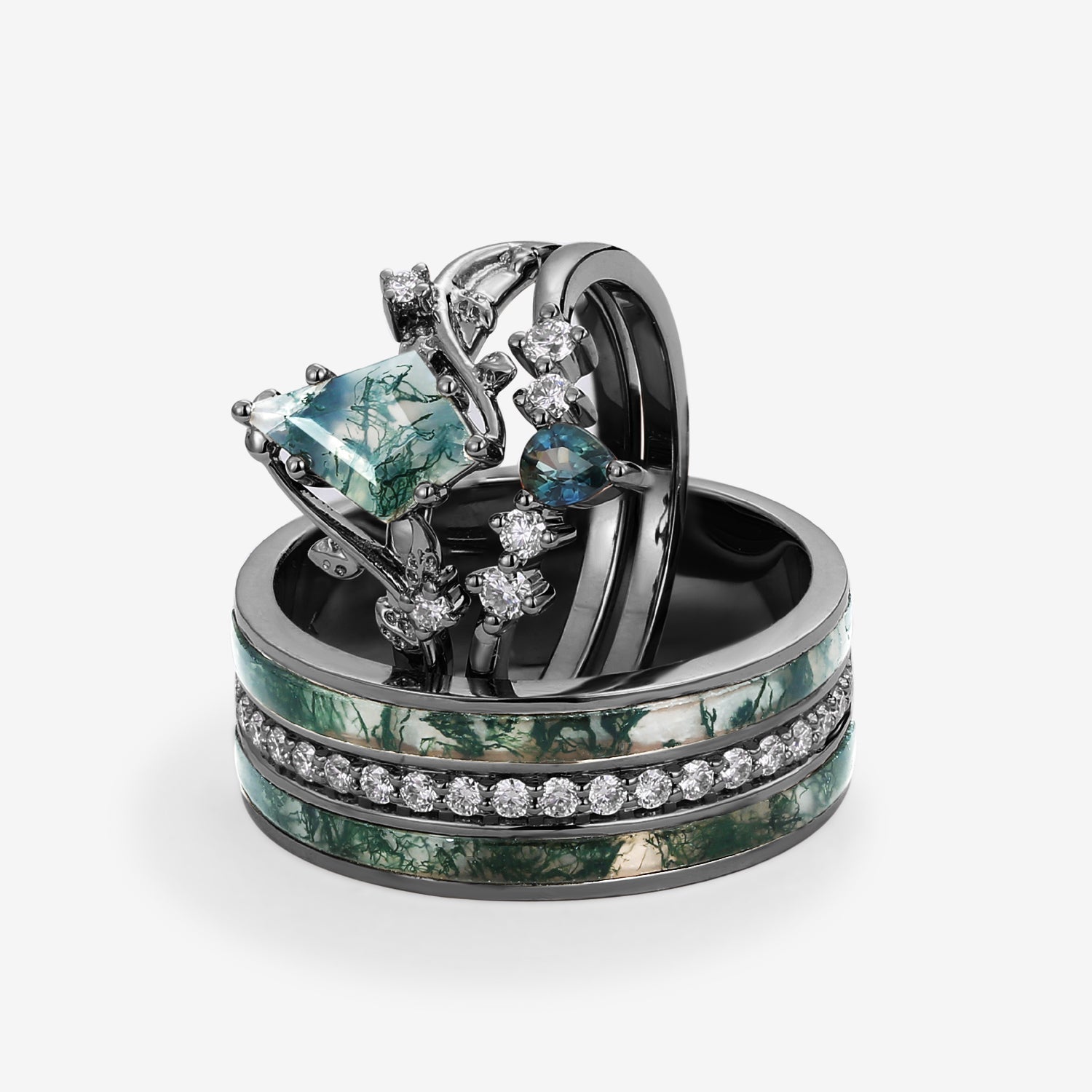 Nature Inspired - Moss Agate & Teal Sapphire Leafy Couple Ring Set 3pcs - Willow
