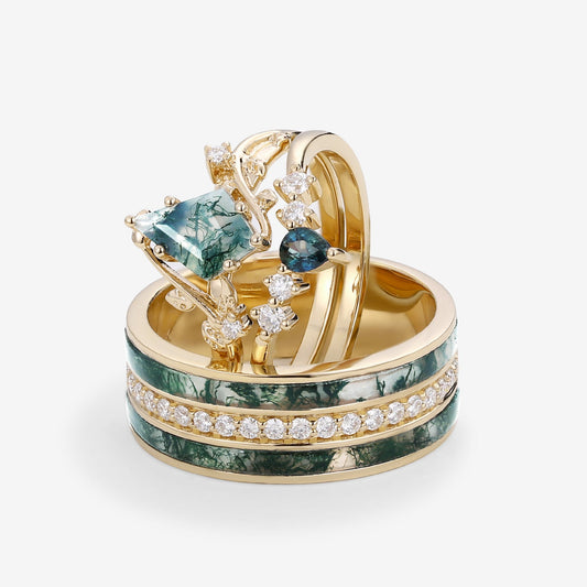 Willow Nature Inspired Moss Agate & Teal Sapphire Leafy Couple Ring Set 3pcs