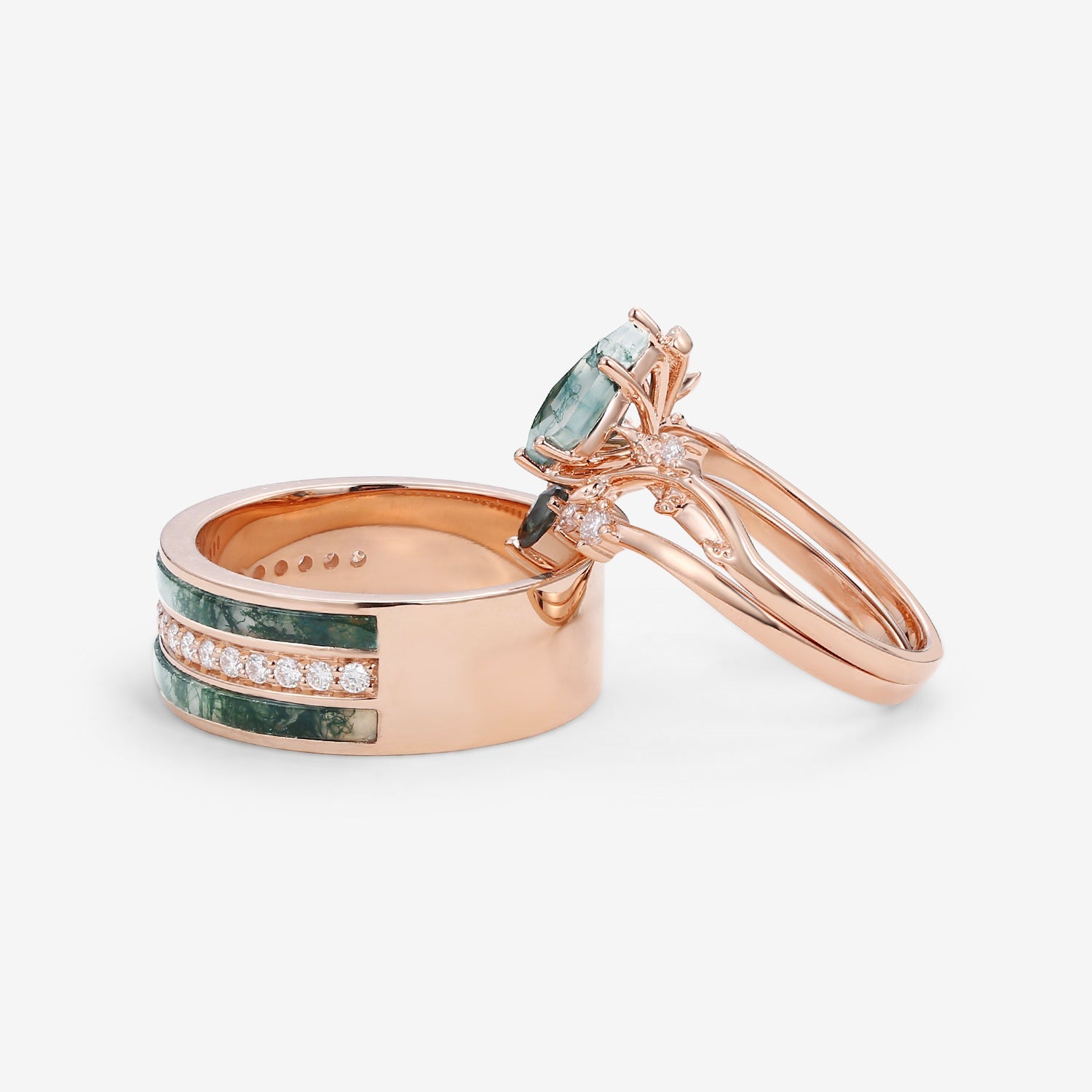 Nature Inspired - Moss Agate & Teal Sapphire Leafy Couple Ring Set 3pcs - Willow