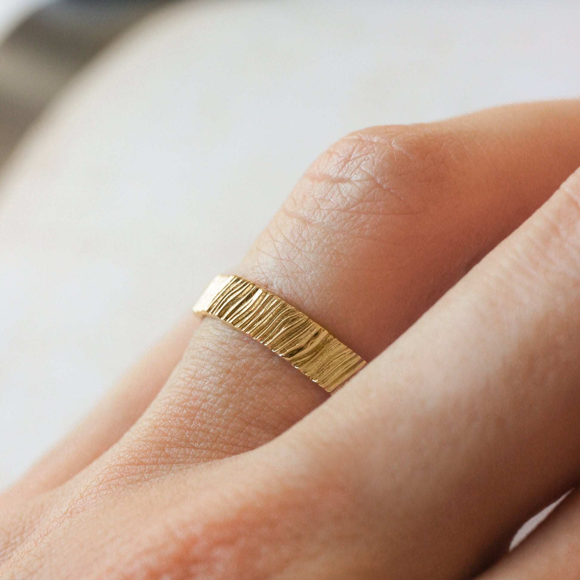 The Organic Grain | Hand-Carved Wood Texture Wedding Band
