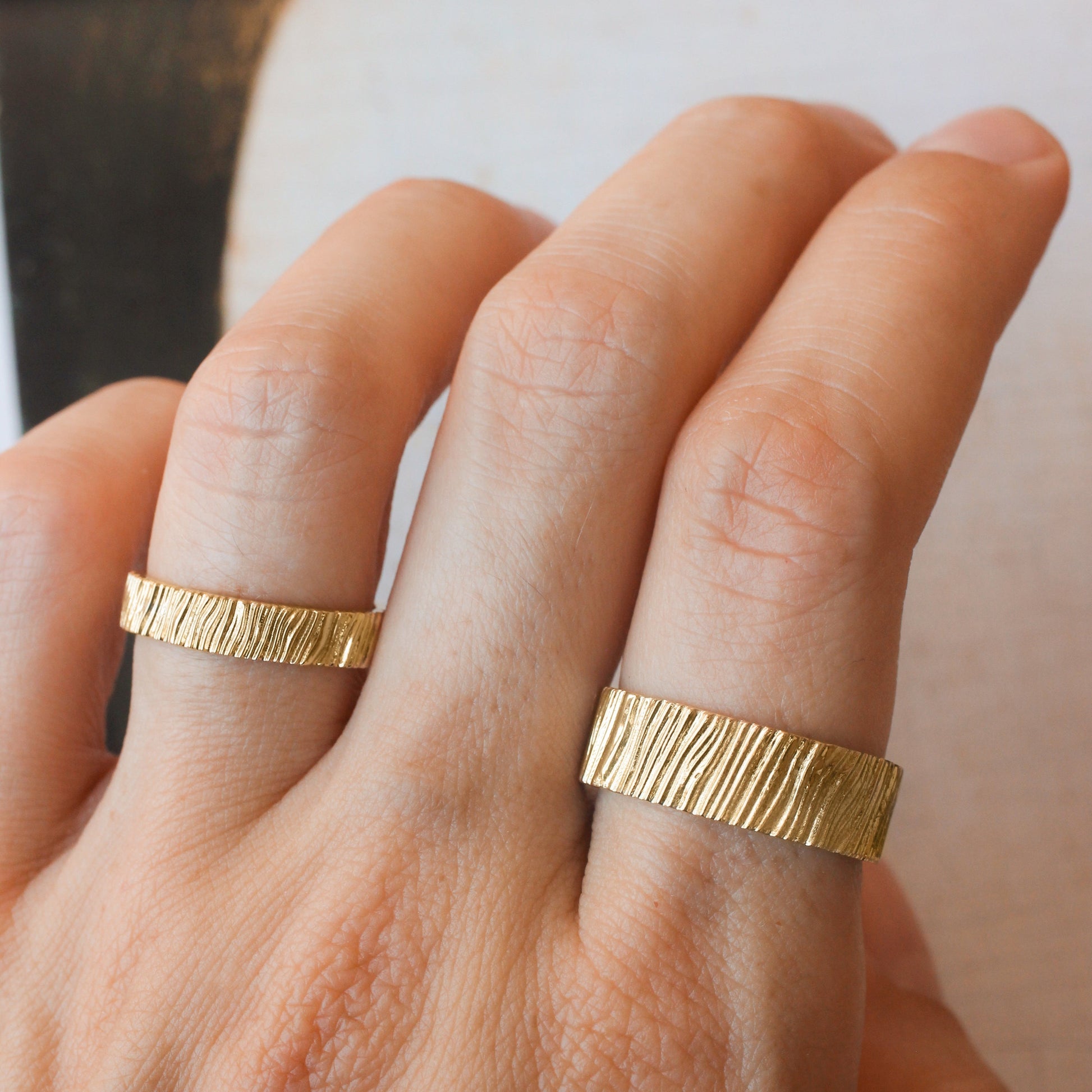 The Organic Grain | Hand-Carved Wood Texture Wedding Band