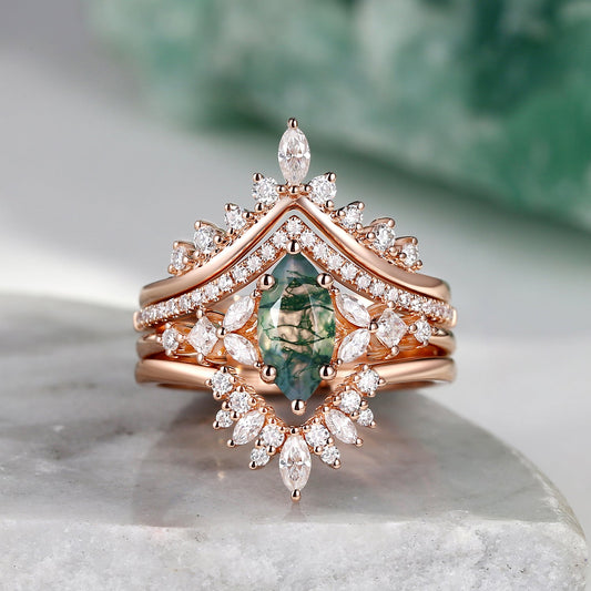 Unique Marquise Moss Agate Engagement Ring Set 4pcs - Amelia