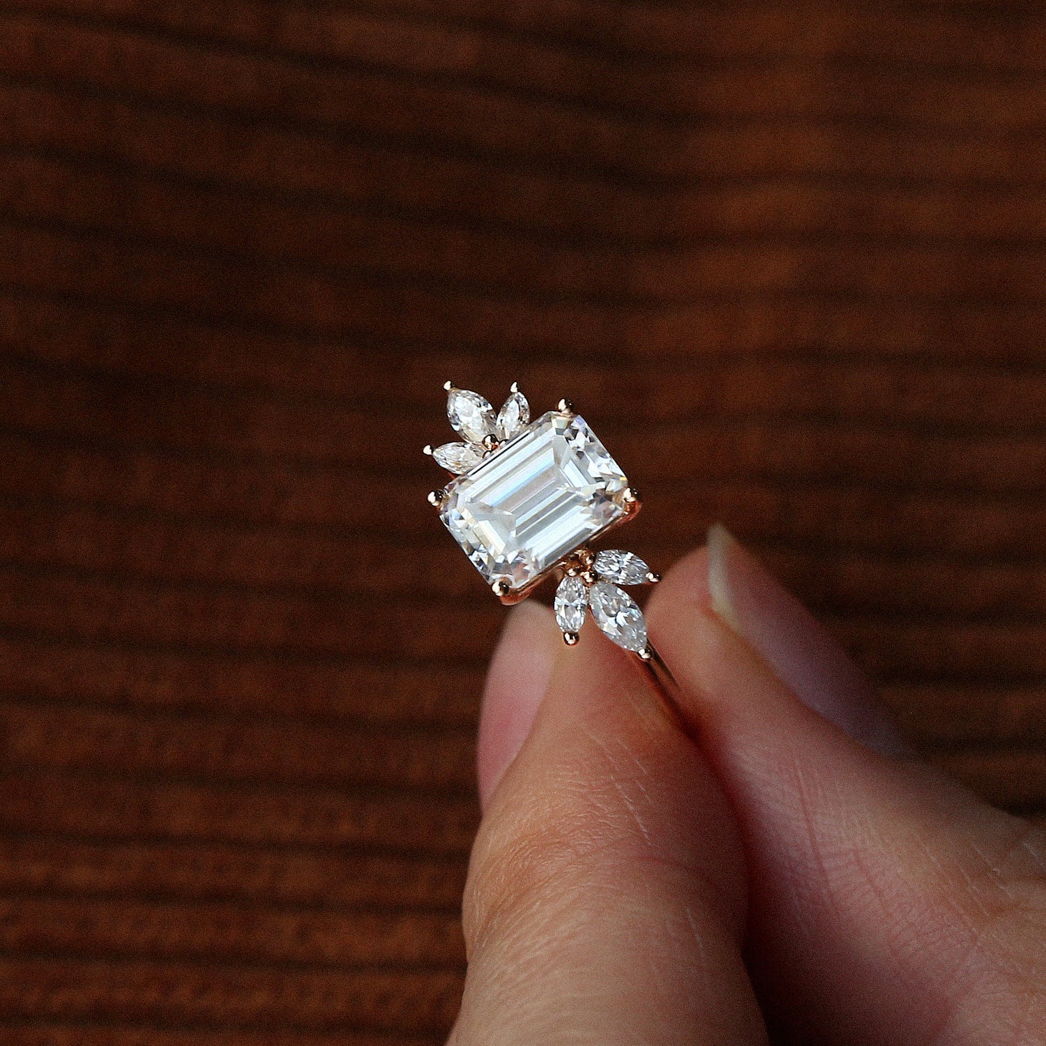 Emerald Cut Moss Agate Cluster Engagement Ring