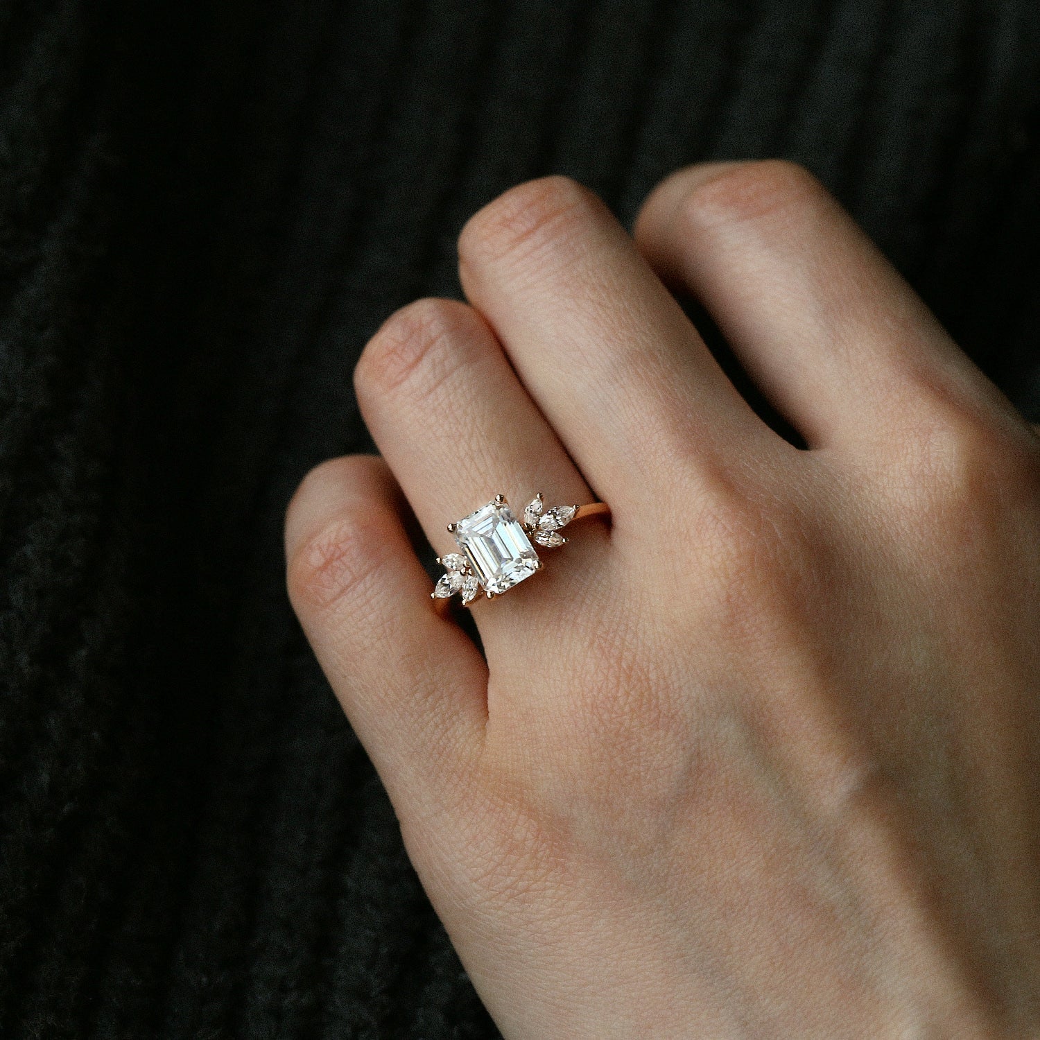 Emerald Cut Moss Agate Cluster Engagement Ring