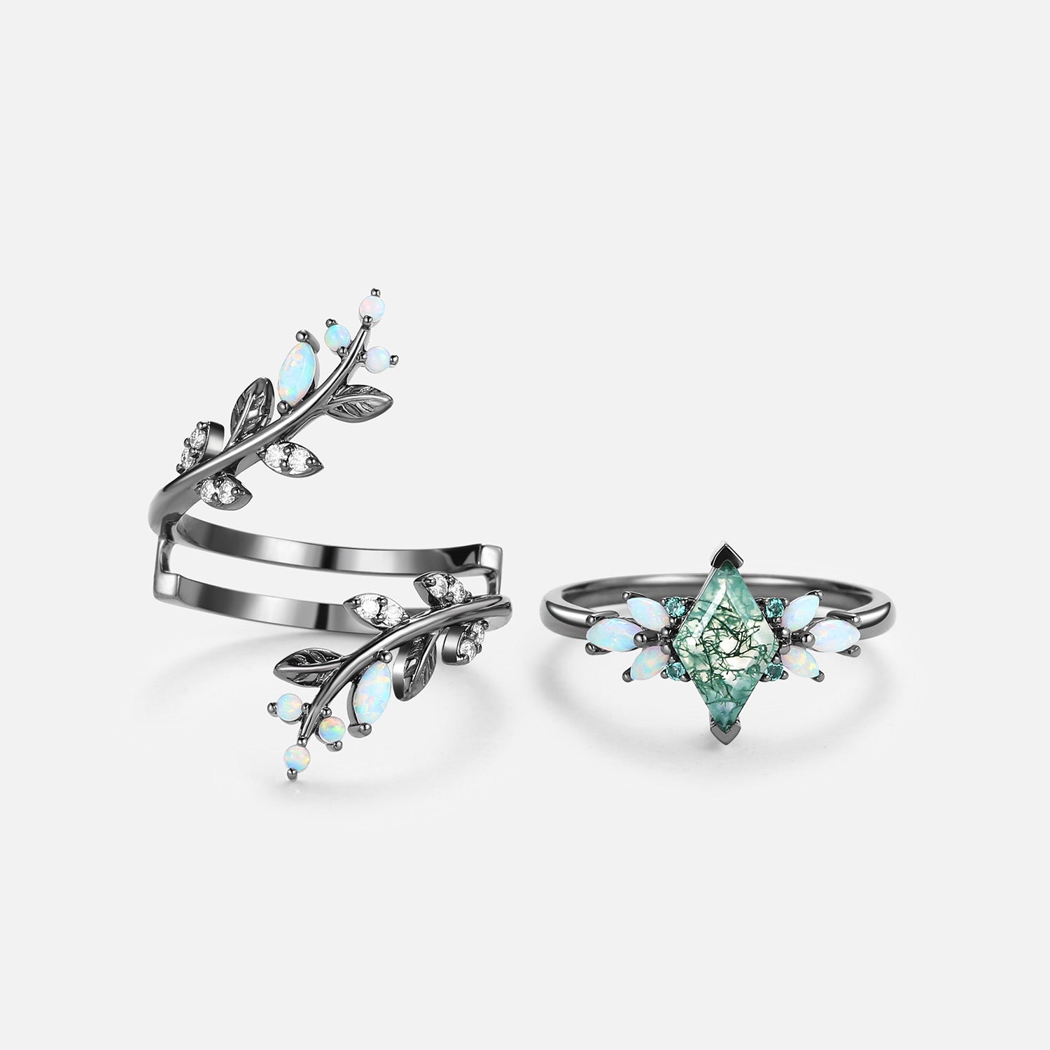 Black Gold Moss Agate & Opal & Emerald Cage Leafy Engagement Ring 2pcs - Knight