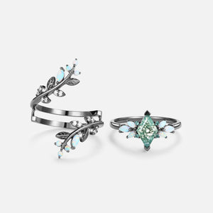 Black Gold Moss Agate & Opal & Emerald Cage Leafy Engagement Ring 2pcs - Knight
