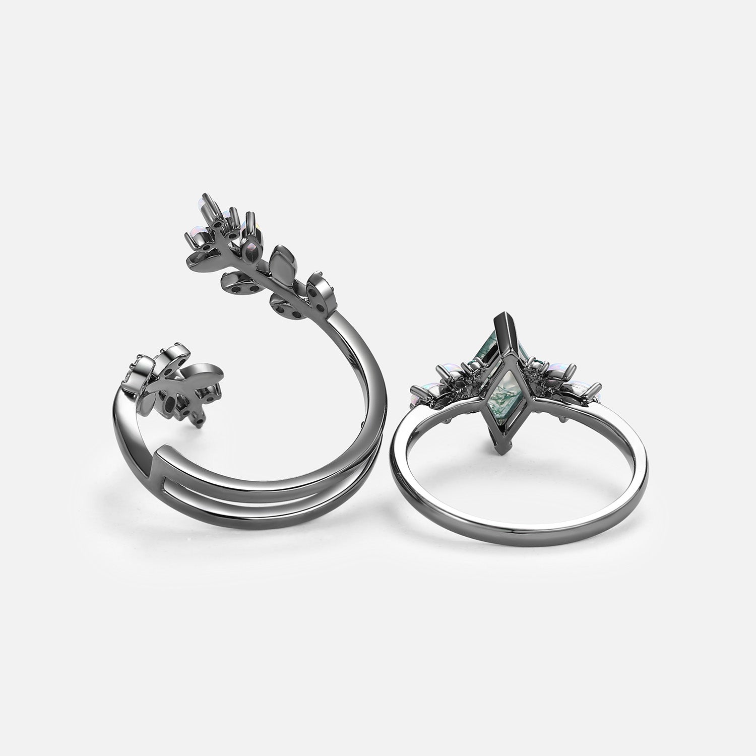 Black Gold Moss Agate & Opal & Emerald Cage Leafy Engagement Ring 2pcs - Knight